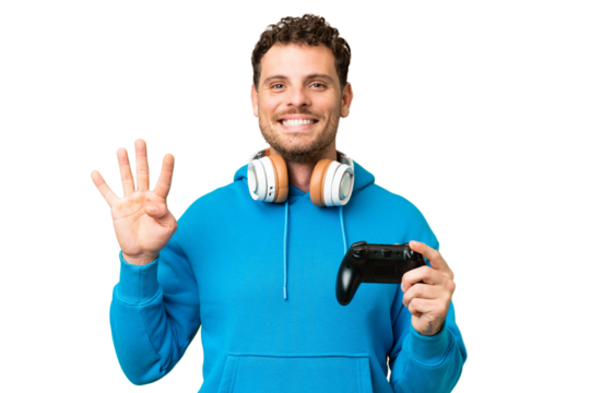 Brazilian man playing with a video game controller over isolated chroma key background happy and counting four with fingers - Powered by Adobe