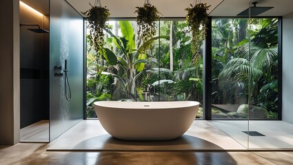 A serene 3D rendering of a modern bathroom featuring a sleek, white, freestanding bathtub positioned elegantly near a sprawling, floor-to-ceiling window that frames a breathtaking view of lush, vibran