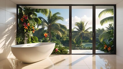 A serene 3D rendering of a modern bathroom featuring a sleek, white, freestanding bathtub positioned elegantly near a sprawling, floor-to-ceiling window that frames a breathtaking view of lush, vibran