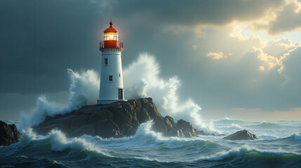A lighthouse standing firm against crashing waves.