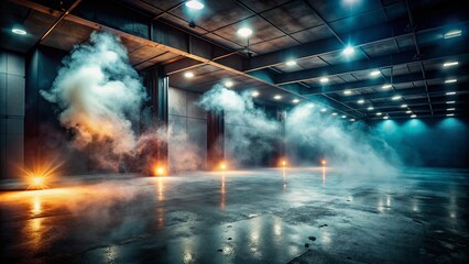 Dramatic Dark Concrete Background with Smoke & Spotlights: Perfect for Product Photography