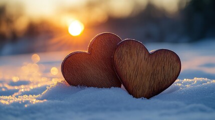 Fototapeta premium Warm winter scene with two handmade wooden hearts in sunset snow