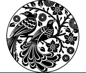 abstract illustration of birds and flowers silhouetted.