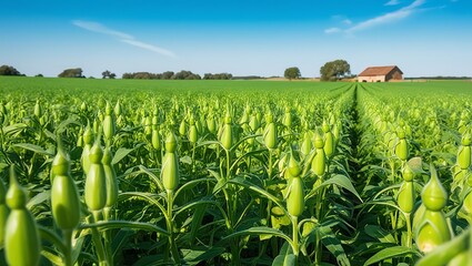 A vibrant green gram field stretching across a rural landscape under a bright blue sky. The plants are healthy, with small pods visible, and the scene is framed by distant trees or a rustic farmhouse.