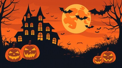 Spooky Halloween Night Landscape with Haunted House, Jack-o'-lanterns, Bats, and Full Moon