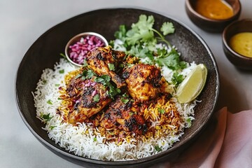 Fototapeta premium Delicious Chicken Biryani Dish with Aromatic Spices and Fresh Side Accompaniments