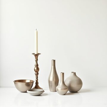 candlestick with candle and matel pots set with white background