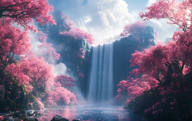 Tranquil Waterfall Landscape with Cherry Blossoms