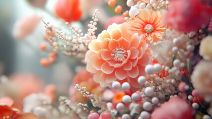 close up of vibrant coral and pink flowers with intricate details, surrounded by soft bokeh and delicate floral elements, creating dreamy and serene atmosphere