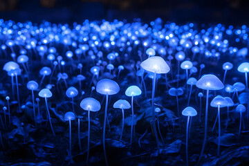 Blue glowing Bioluminescence Mushrooms in the forest at night, Wild growing fungus that glowing in the dark