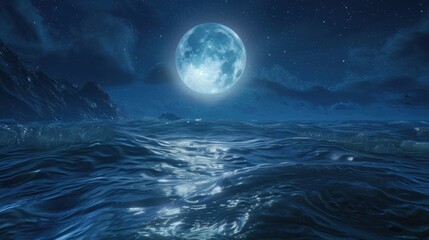 Fototapeta premium Serene Nightscape: Full Moon over Dark Ocean Waves and Distant Mountains under Starlit Sky