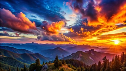 Dramatic Twilight Panorama: Silhouette Mountains at Sunset