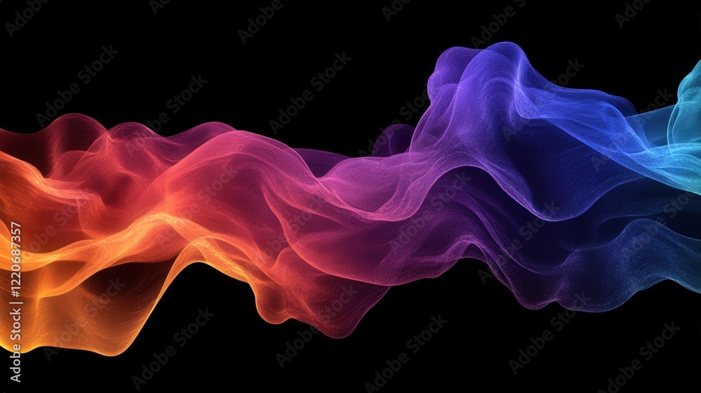Poster dynamic interaction of particles, creating a wave-like motion in a colorful, translucent medium.