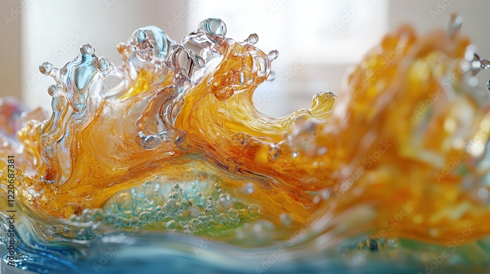 Poster dynamic interaction of particles, creating a wave-like motion in a colorful, translucent medium.