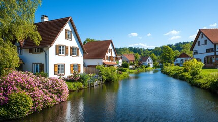 Obraz premium A picturesque scene featuring charming houses alongside a tranquil canal, surrounded by lush greenery and vibrant flowers under a clear blue sky.