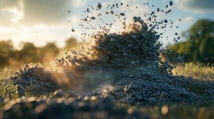 dynamic pile of solid particles cascading like a slow-motion landslide under natural lighting.