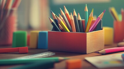 Wooden box filled with various colored pencils arranged neatly on a wooden surface