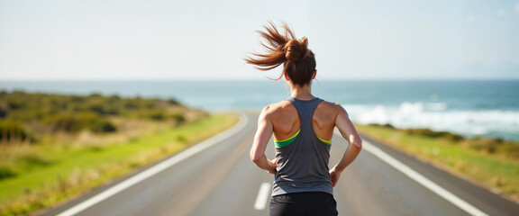 Female jogger running on coastal road, embracing freedom and vitality