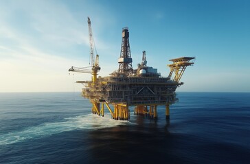 A massive offshore oil rig under a bright, clear sky
