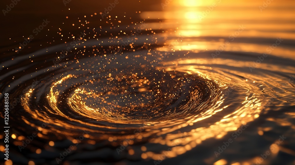 Poster dynamic swirl of liquid particles creating waves, with light refracting through the moving medium.