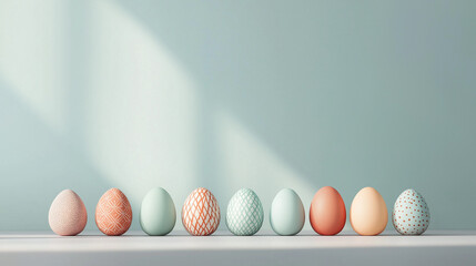 Elegant pastel Easter eggs with geometric patterns against muted green background with copy space