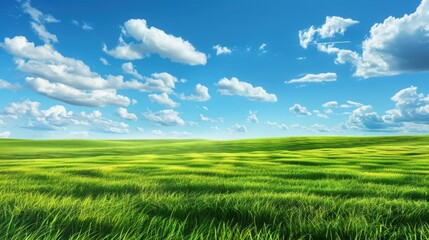 Obraz premium Serene Green Field Under a Vast Blue Sky with Puffy Clouds A Stunning Summer Landscape Photography