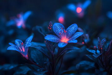 Bioluminescence Flower, Blue and purple glowing blossom, beautiful floral background with glowing petals