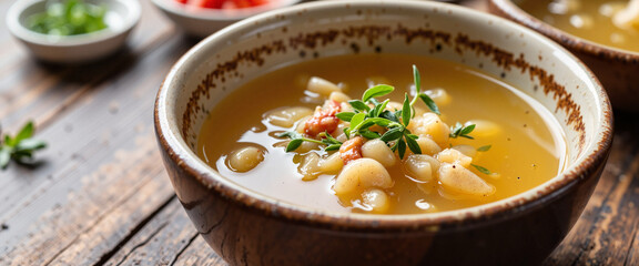 Delicious bird's nest soup in rustic bowl with herbs, culinary delight