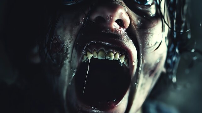 The image is a close-up of a woman's face. She is screaming with her mouth wide open. Her eyes are wide and her face is contorted in fear.