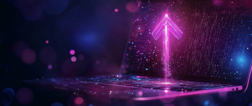 Digital hologram of an arrow-up icon on a laptop screen showcasing futuristic AI technology concepts and data visualization