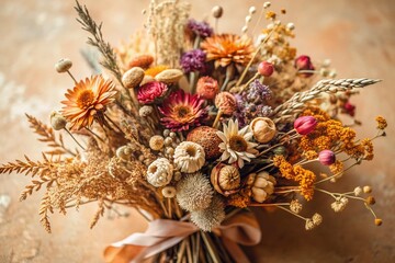 Dried Flower Bouquet Flat Lay, Beige Background, Autumnal Still Life Photography