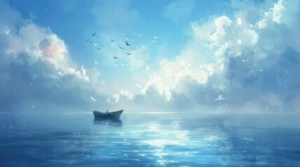 Obraz premium Tranquil Seascape Painting: A Lone Boat Under a Serene Sky