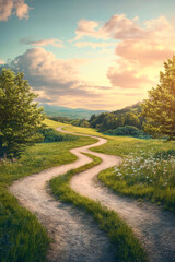Fototapeta premium Nature's crossroads stunning landscape with forked path bright horizon vibrant environment serene viewpoint