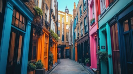 Fototapeta premium Colorful Urban Alley with Vibrant Buildings. A vibrant and colorful urban alley surrounded by vividly painted buildings, showcasing a lively and artistic cityscape.