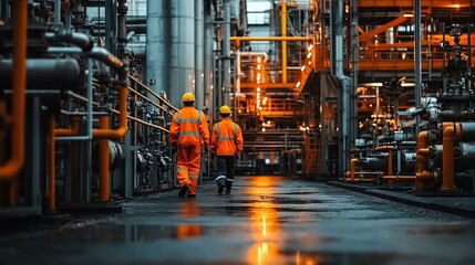 Factory workers or engineers walking by gas pipelines inside refinery production plant.
