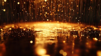 gentle rain of liquid particles falling gracefully, creating ripples on a reflective surface.