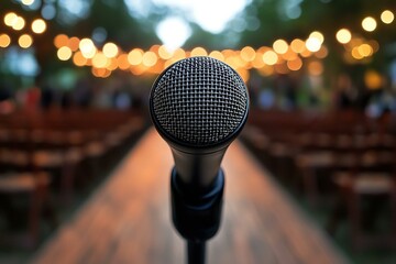 microphone with bokeh light background stand up comedy show karaoke or singing contest background for poster design open mic and jokes show
