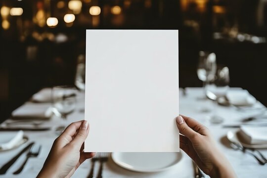 hand holdin a blank Menu paper luxury restaurant table with a plate and silver cutlery background blank mock up menu sheet