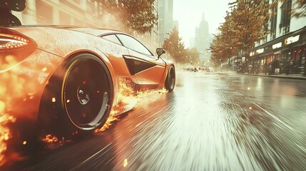 fast racing car on city street drift with smoke and fire spark with space for copy on the side