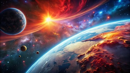 Obraz premium Drone View of Earth, Planets & Red Nebula - Stunning Space Background