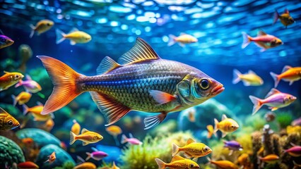 Fototapeta premium Drone View: Silver Trevally in Massive Aquarium, Blue Background
