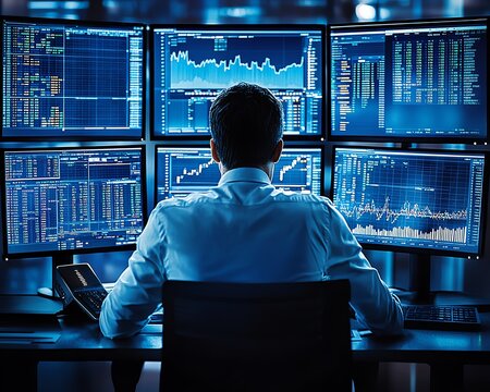 A corporate professional reviewing financial market trends, with several screens displaying data charts, graphs, and key metrics, representing strategic business decisionmaking