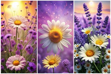 Drone View: Triptych of 3D Wildflower Fields - Lavender, Daisies, Purple & Yellow