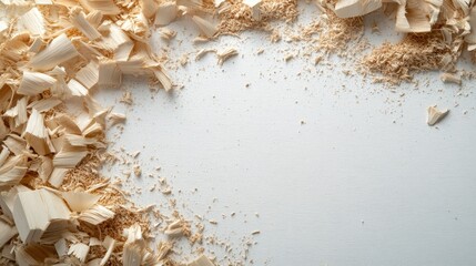 Wood Shavings on White Background Perfect for Crafts, DIY Projects, or Woodworking Artistry with Natural Texture and Subtle Colors Enhancing Various Designs