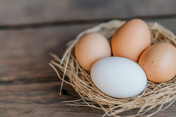 Brown and white eggs in straw nest on rustic wooden surface