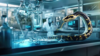 snake venom is extracted in a laboratory, focusing on the extraction process for medicinal use.