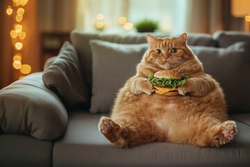 Fat cat enjoying a burger on the sofa in a cozy living room setting captivating pet photo