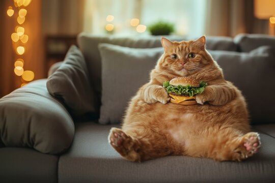 Fat cat enjoying a burger on the sofa in a cozy living room setting captivating pet photo