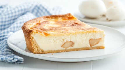 A slice of creamy dessert with pear pieces on a white plate, served with a napkin.
