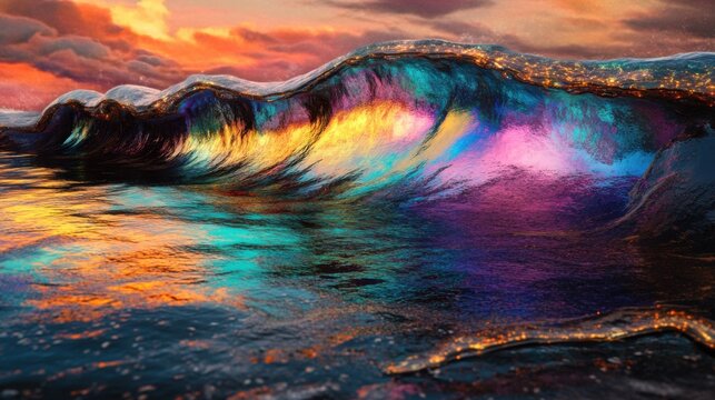 Colorful ocean wave crashing on the shore during a sunny day with clear blue sky and vibrant water colors